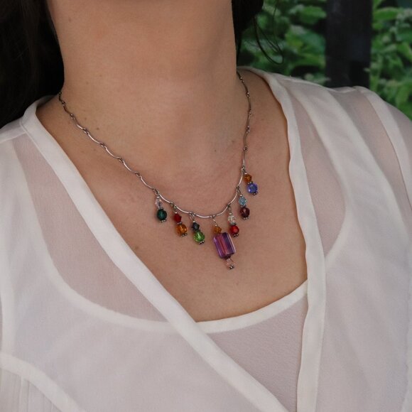 Sterling Silver Beaded Multi Color Necklace 16 inch Chain - Picture 3 of 10